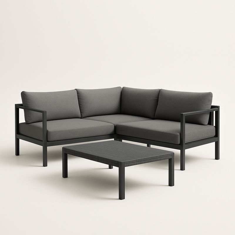 Ecksofa Lounge Set Aluminium Grau mit Polster und Tisch