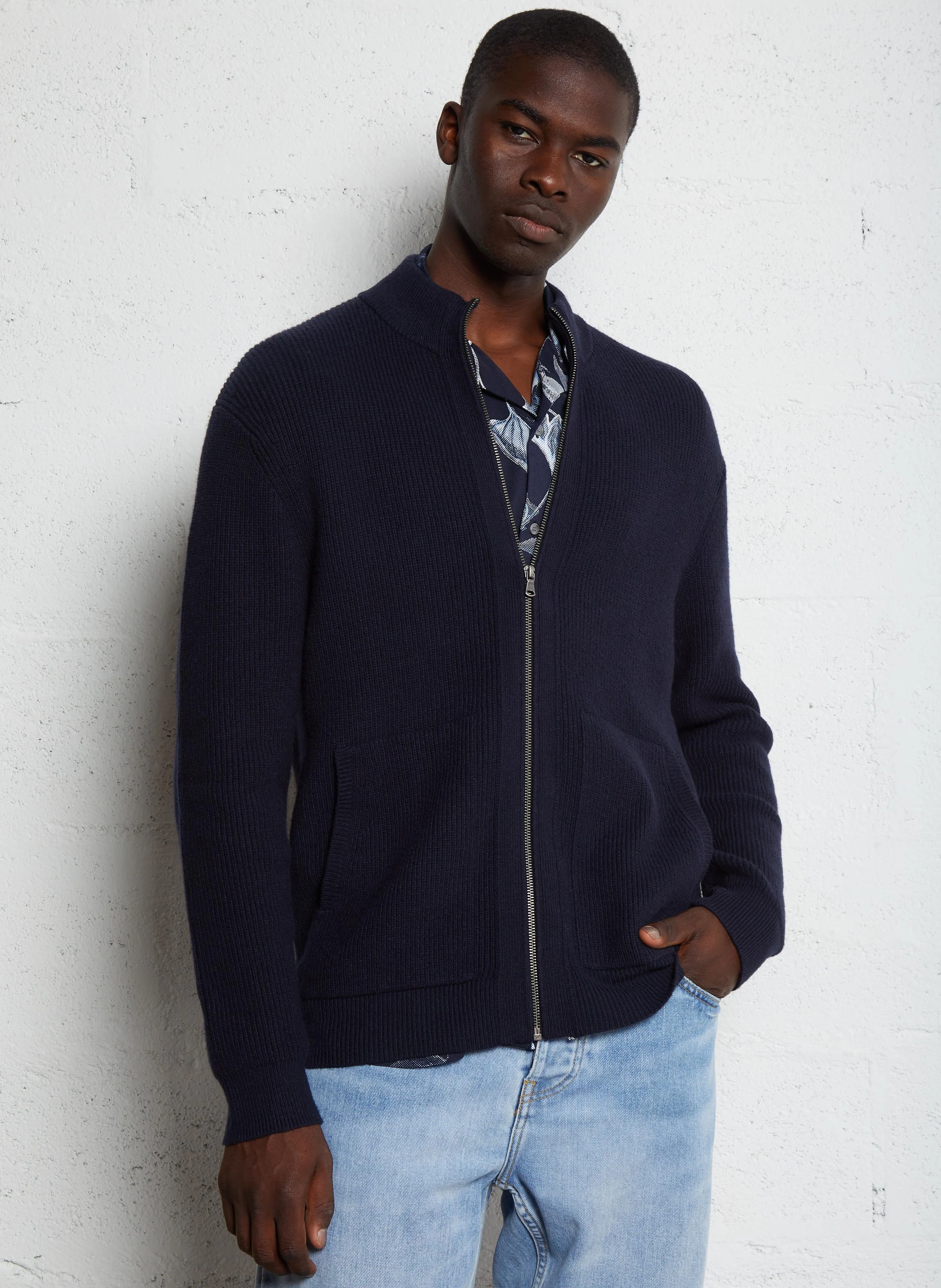 Cardigan droit en coton et laine mélangé | Bleu