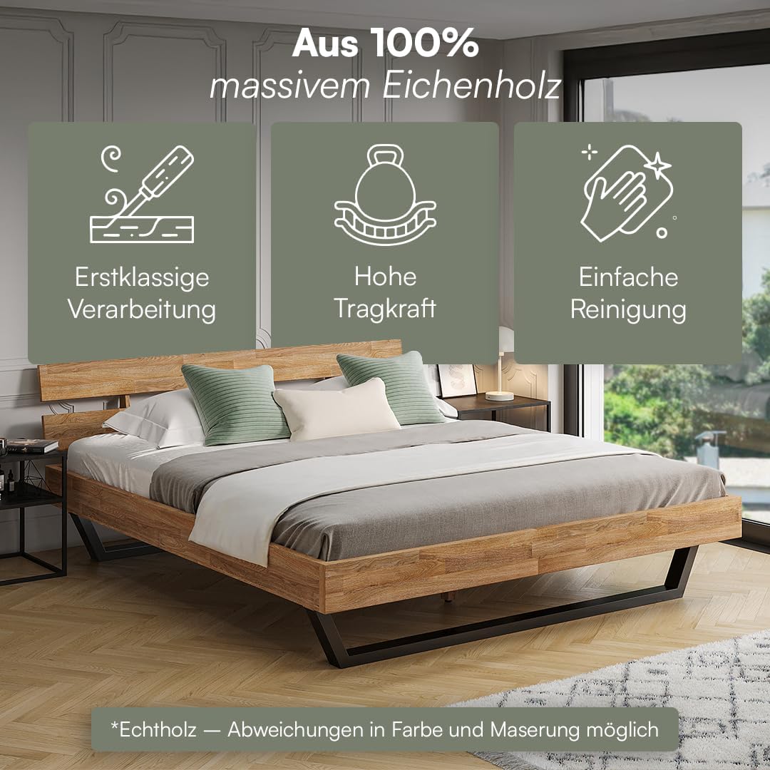 skølm Alver Massivholzbett 180x200 cm – Bettgestell aus Massivholz Eiche geölt – Holzbett mit schwarzen Metallkufen – hochwertiges Bett mit 2 Streben als Bettkopf – Bettrahmen geeignet als Doppelbett