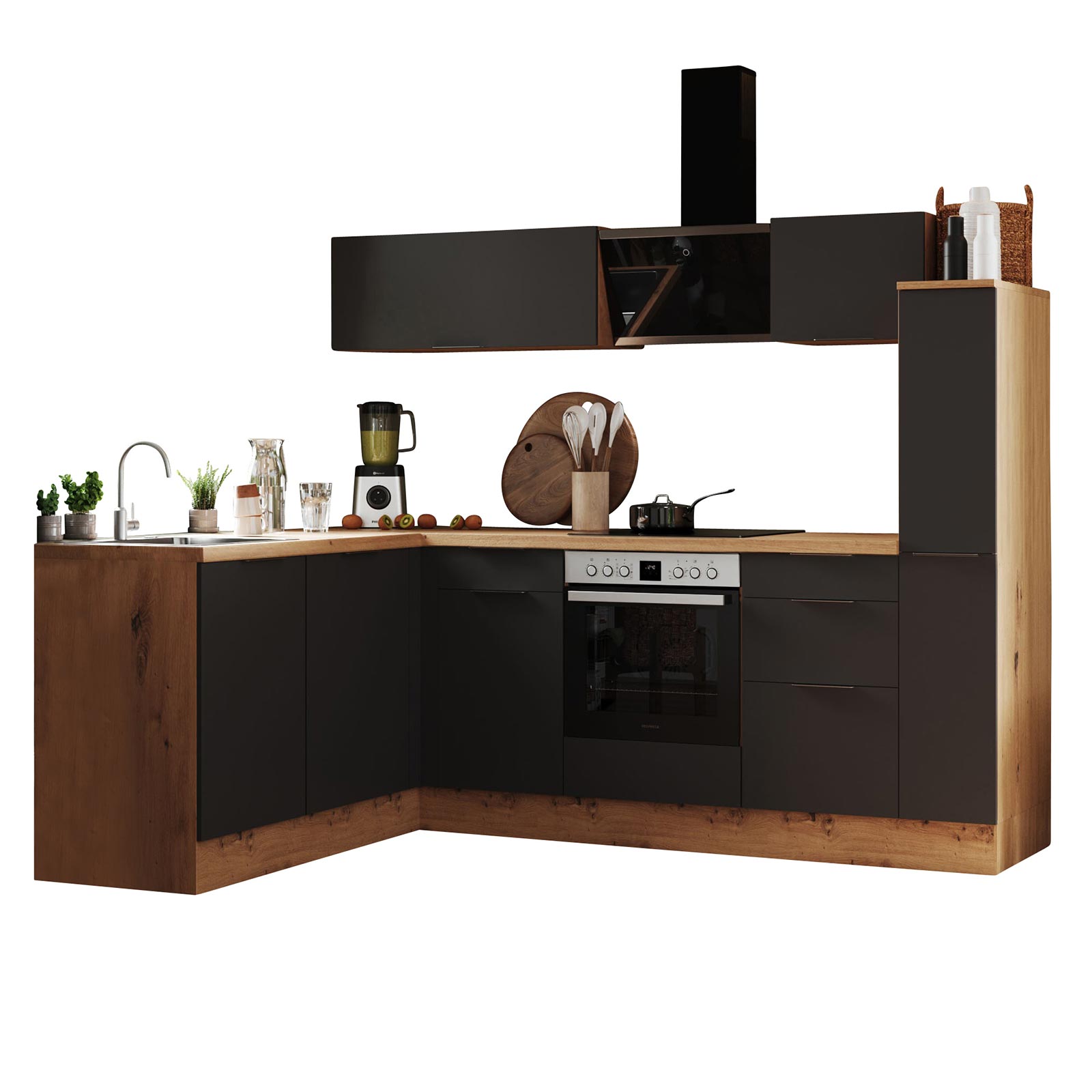 RESPEKTA Winkelküche - grau matt - Artisan Eiche - mit E-Geräten - 250x175 cm