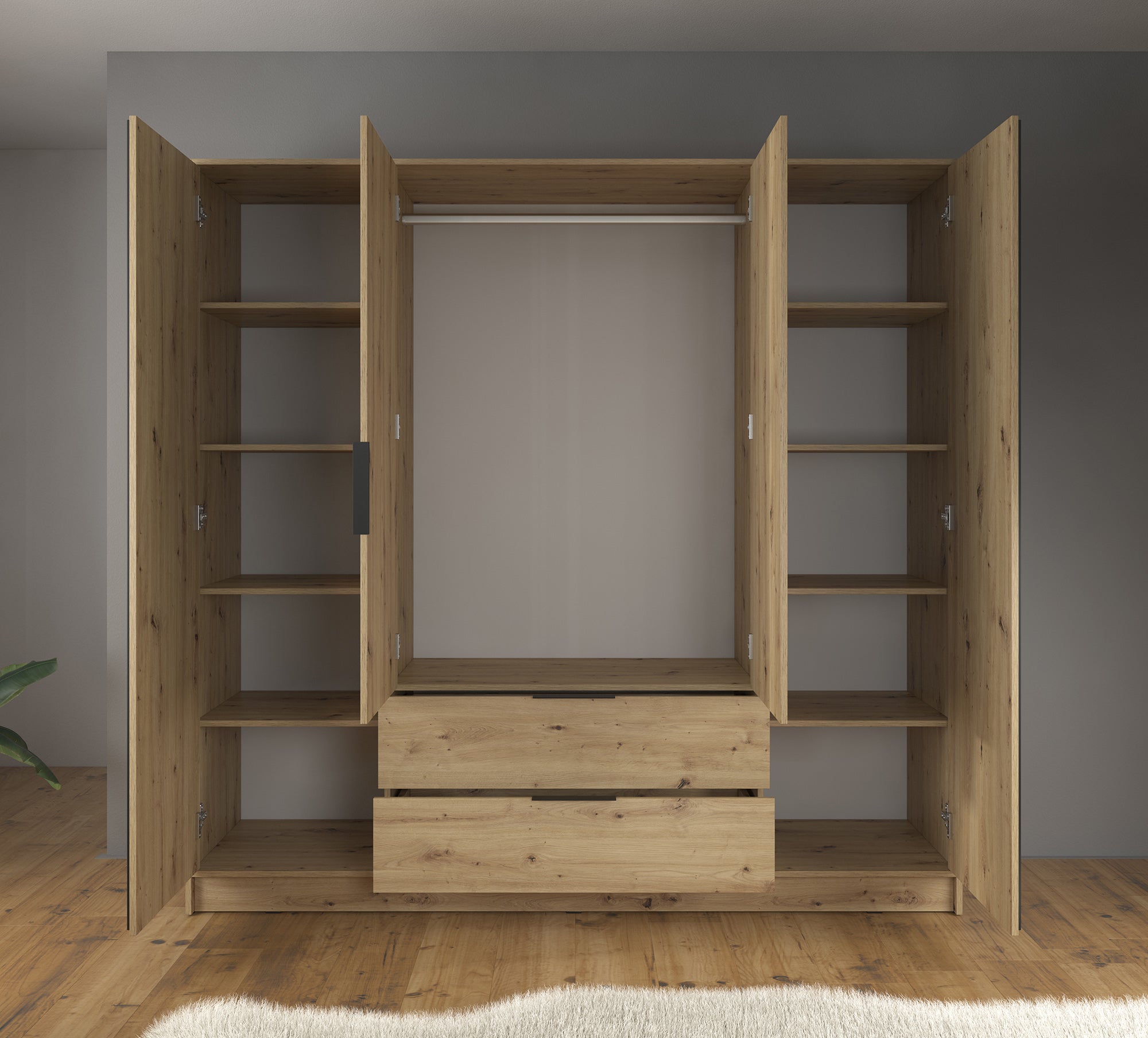 Nairobi - Kledingkast 4-deurs - Eiken/zwart - 206x51x200 cm