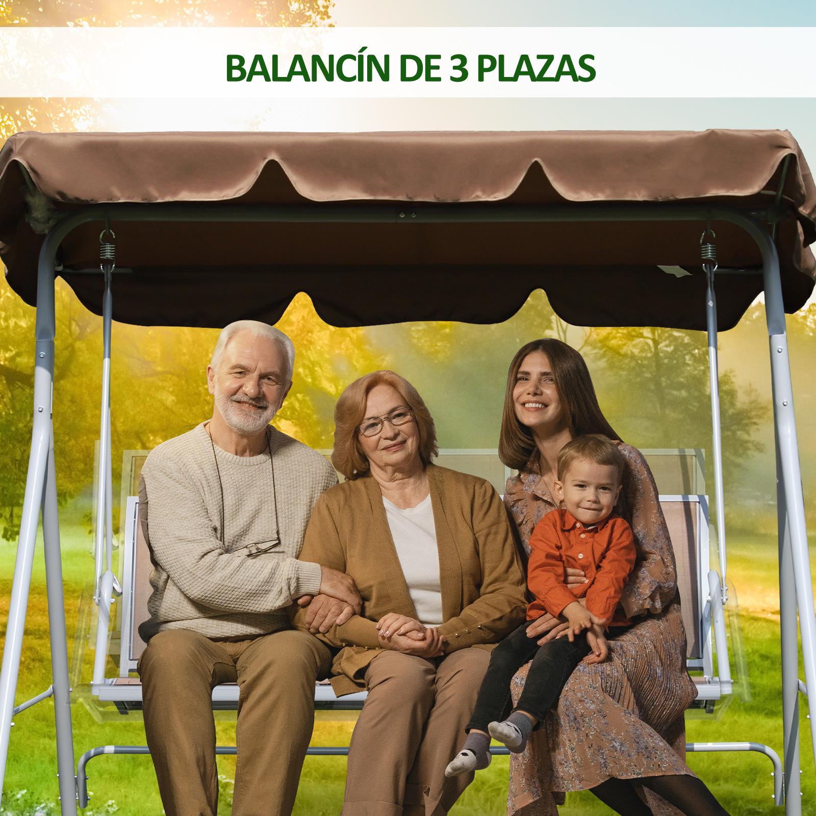 Balanço de jardim Outsunny para 3 pessoas com cobertura ajustável, encosto respirável e estrutura de metal para varanda ou pátio, capacidade de carga de 240 kg, 171 x 108 x 154 cm, marrom.