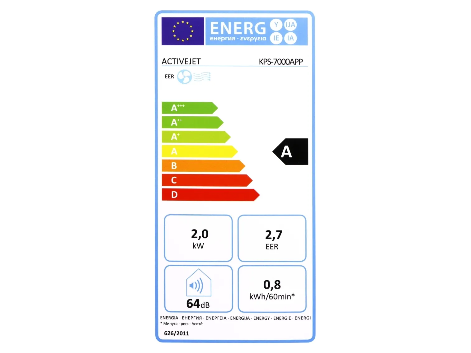 Activejet bærbar klimaanlægget KPS-7000APP (TUYA Smart), A, 0,8 kWh, 220-240 V, 50 Hz, 2000 W, 750 W
