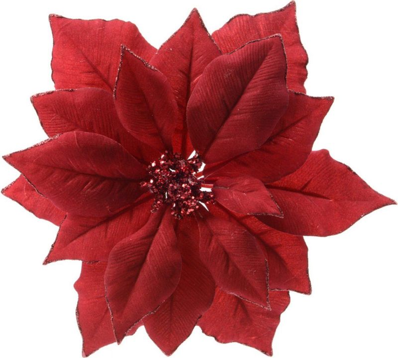 Decoris Poinsettia Stof Clip - Rode Glitter Kerstbloemen op Clip | 24 cm