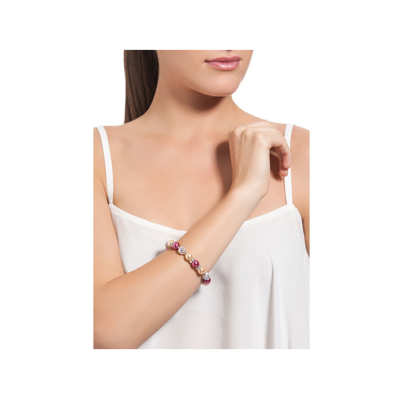 Bracelet 1 Rang en Perles Orange et Rose, Cristal et Plaqué Rhodium