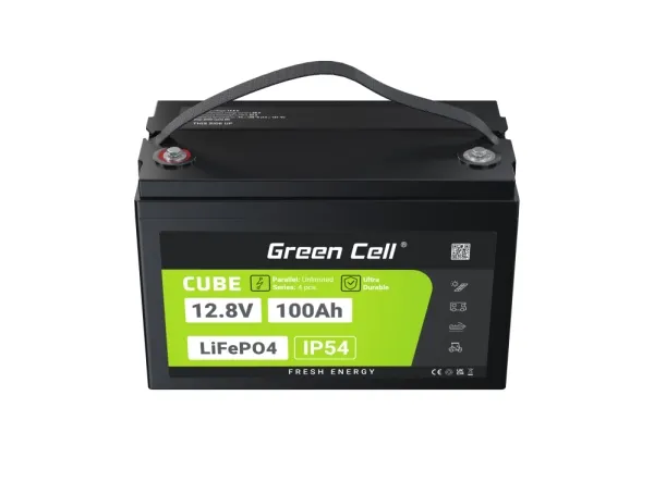 Green Cell LFPGC12V100AH, Lithium jern fosfat (LiFePO4), 12,8 V, Sort, Grøn, 100 At, 1280 Wh, 10 År