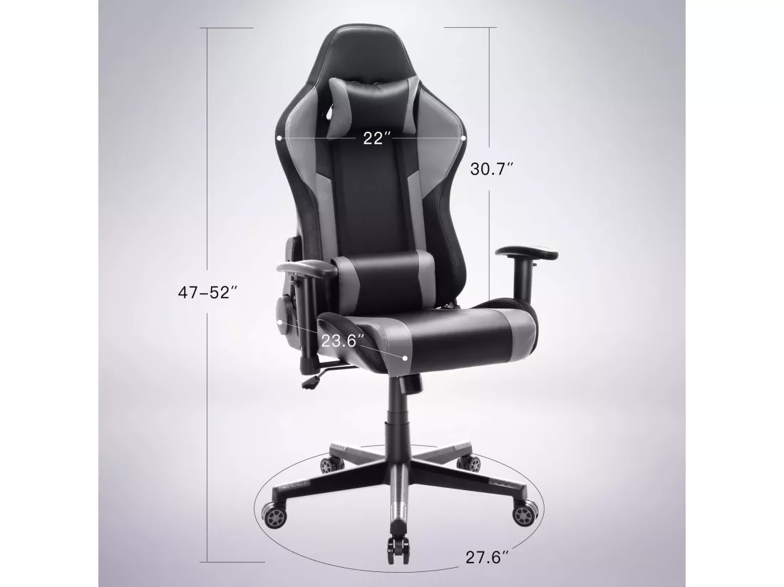 Chaise de jeu avec lumières LED RGB et haut-parleurs Chaise de gaming Chaise de bureau de style racing Chaise PC en cuir PU gris