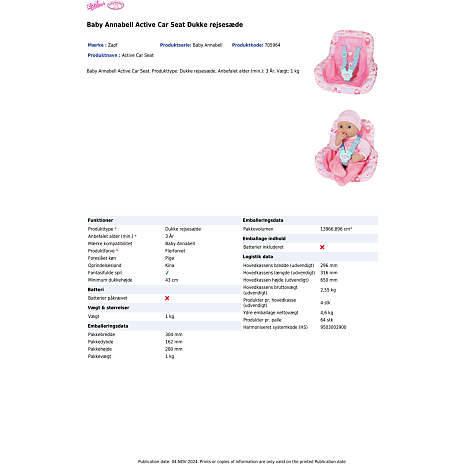 Baby Annabell dukke autostol