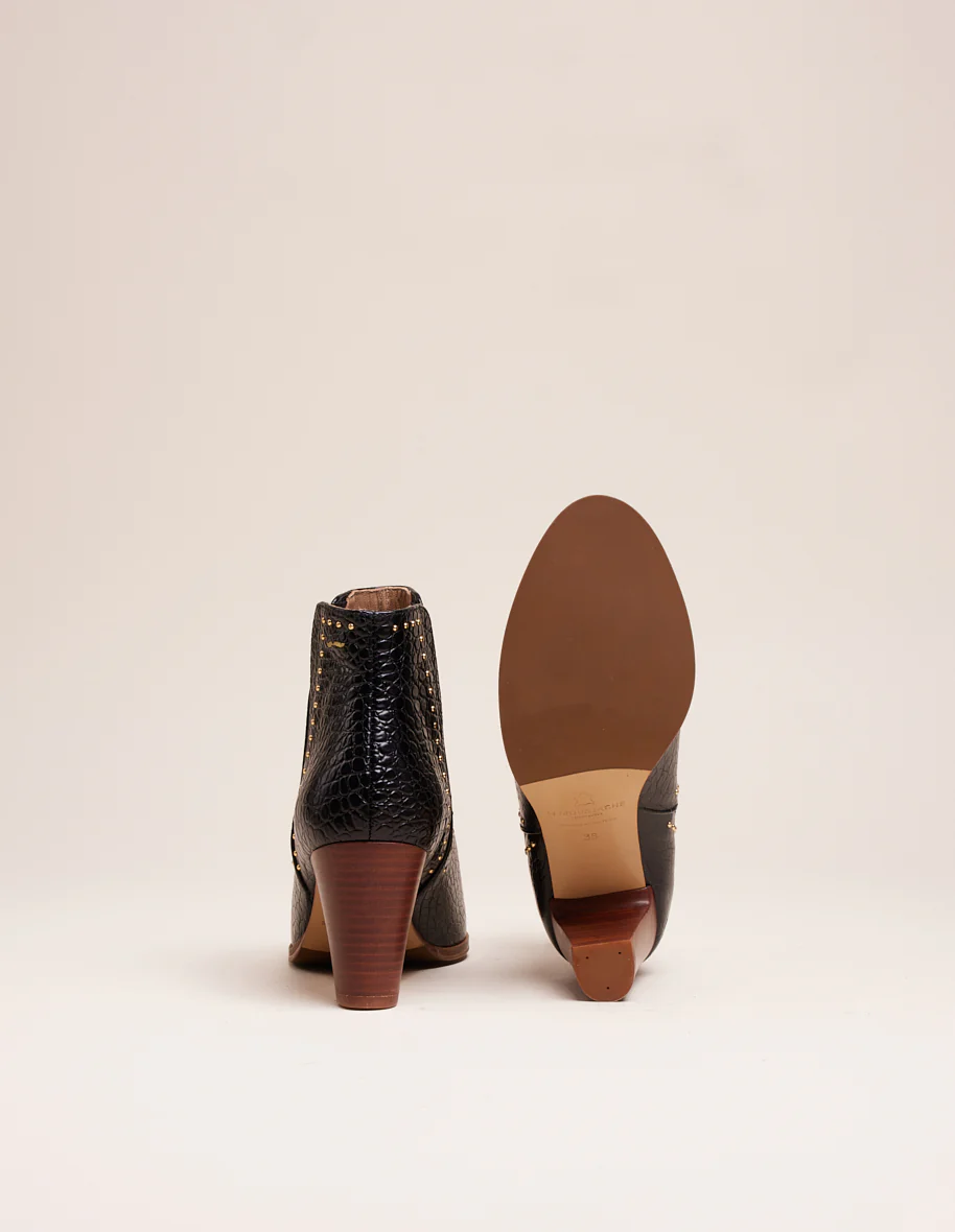 Bottines à talons Jeanne H - Cuir noir croco et clous