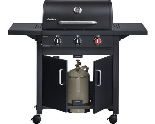 Enders® Chicago 3 Black Turbo 3-pits gasbarbecue, 51 x 108 cm, zwart, inclusief opbergplank, dekselthermometer, vetopvangbak, opklapbare zijtafel, krachtige warmtezone, grillrooster van roestvrij staal