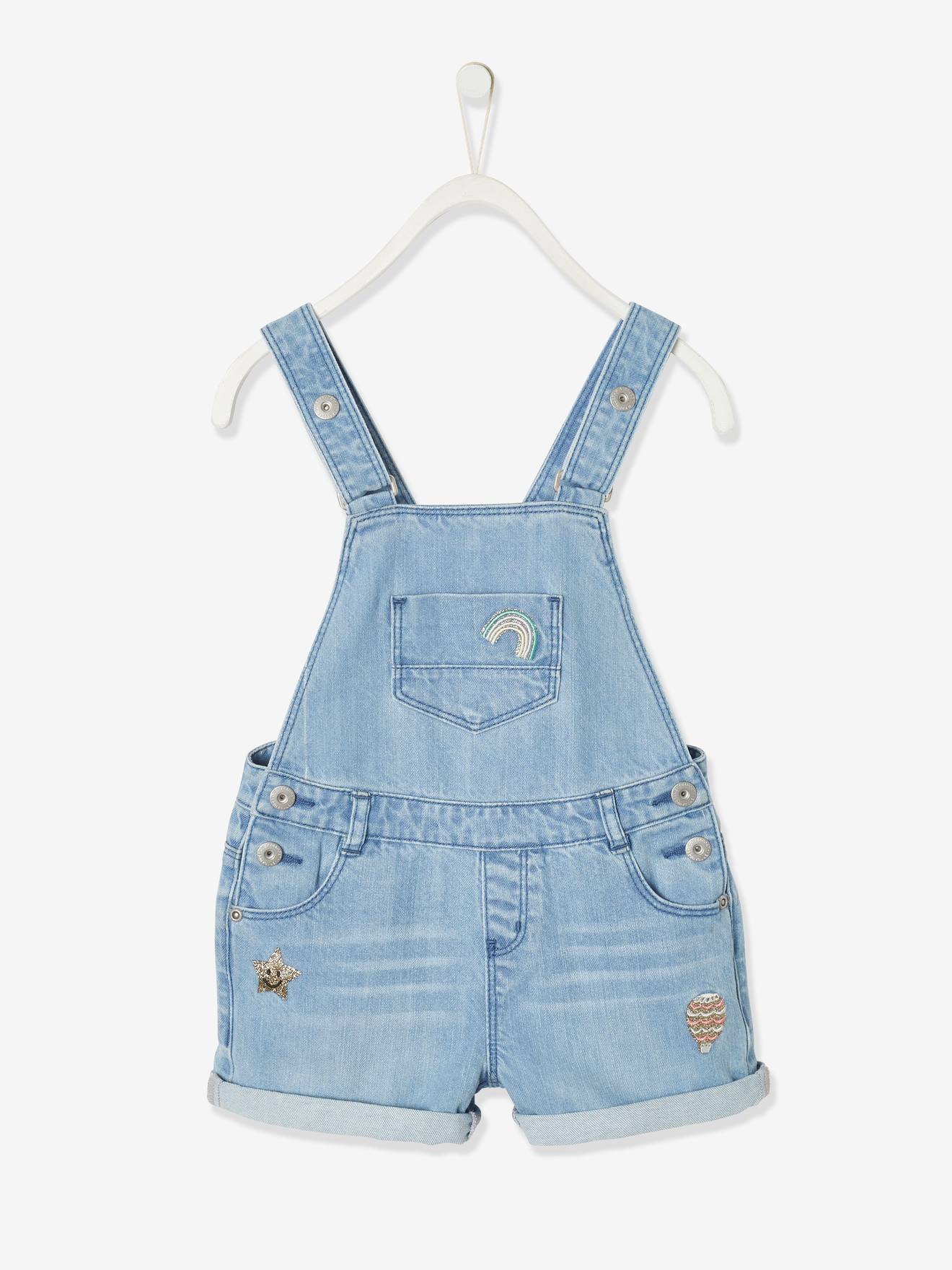 Jardineira jeans com shorts para meninas, lavagem azul média