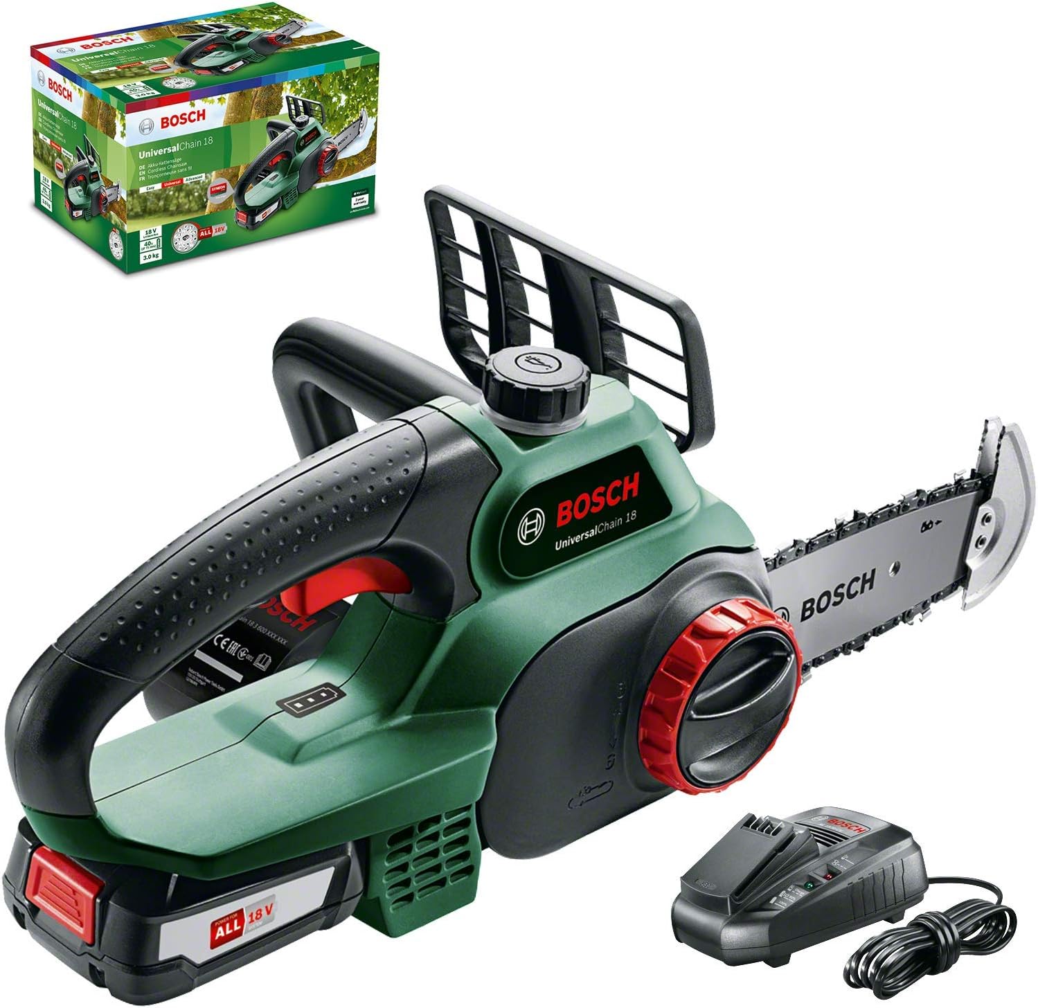 Bosch Akku-Kettensäge UniversalChain 18 (Akku 2,5 Ah, Ladegerät, SDS-System, Schwertlänge: 200 mm, 18-Volt-System, in Kartonschachtel)