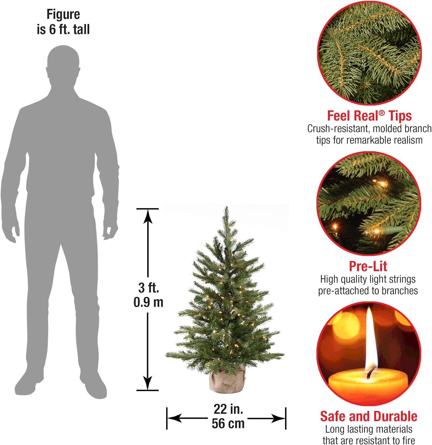 National Tree Company Pre-Lit 'Feel Real' Artificial Mini Christmas Tree, Green, Nordic Spruce, White Lights, Includes Burlap Bag Base, 3 Feet