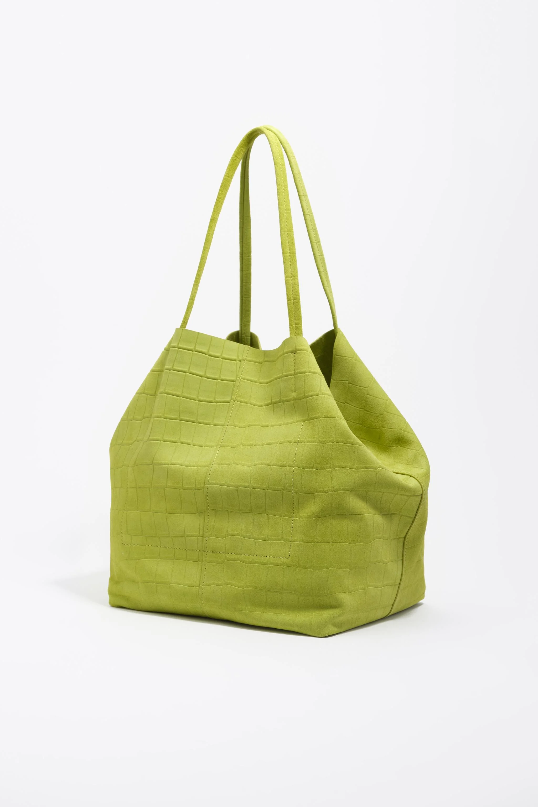 Bolsa de compras grande em camurça na cor lima com estampa de crocodilo.