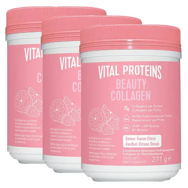 Vital Proteins Beauty Collagen, Ácido Hialurônico Morango/Limão 271g - Pacote com 3 unidades