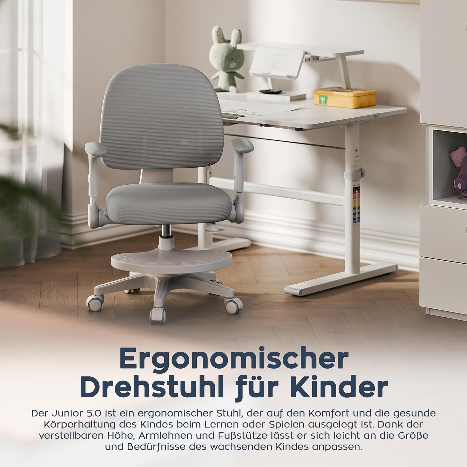 MARK ADLER Junior 5.0 ergonomischer Schreibtischstuhl Kinder – Mitwachsender Kinder Schreibtischstuhl – Mit Fußstütze – Höhenverstellbar – Für gesundes Sitzen – Kinder ab 6 Jahren – Grau