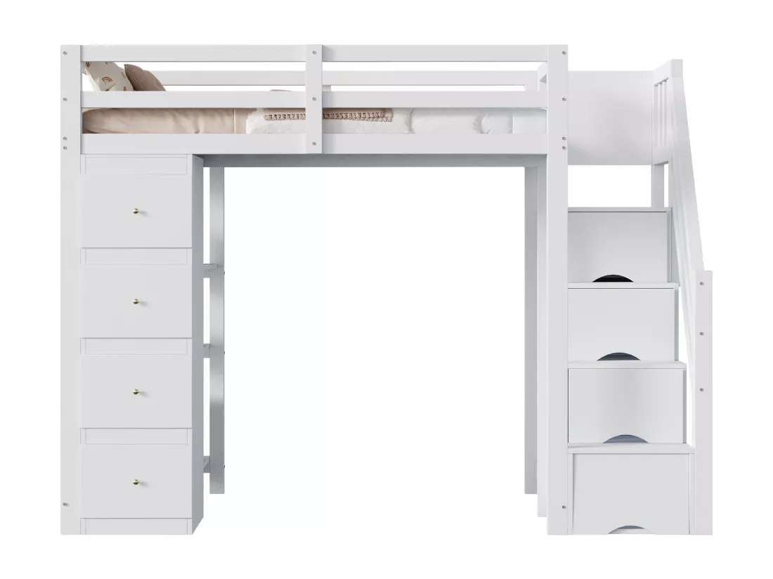 Lit mezzanine 90 x 200 cm avec 4 tiroirs, 4 portes et étagères de rangements - Bois massif + MDF - Sommier à lattes - Blanc