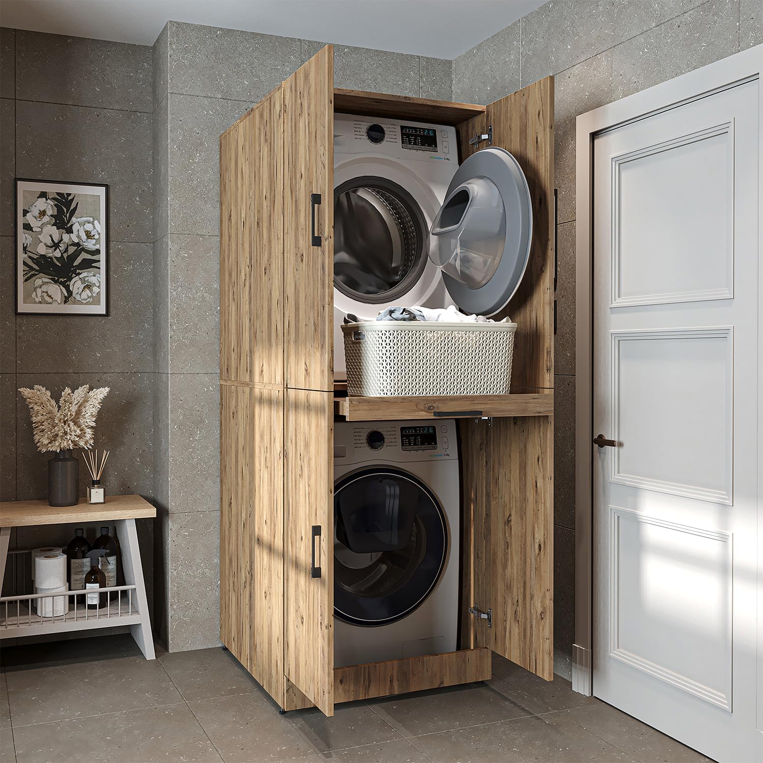 ROOMART Dora Armoire de machine à laver, pour sèche-linge et machine à laver, en 4 couleurs, avec portes et planche coulissante (chêne anthracite)