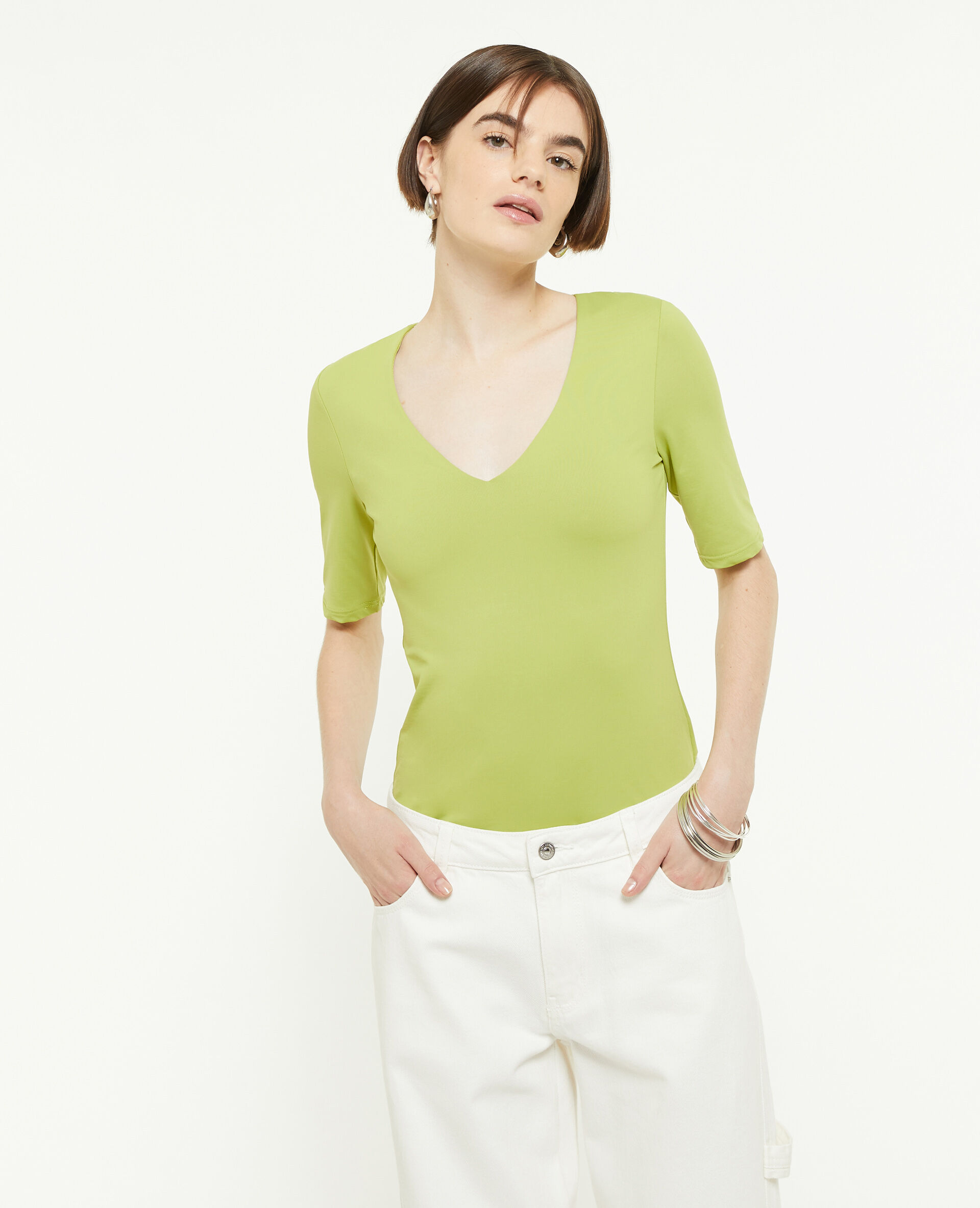 Top col V en maille - Vert kaki