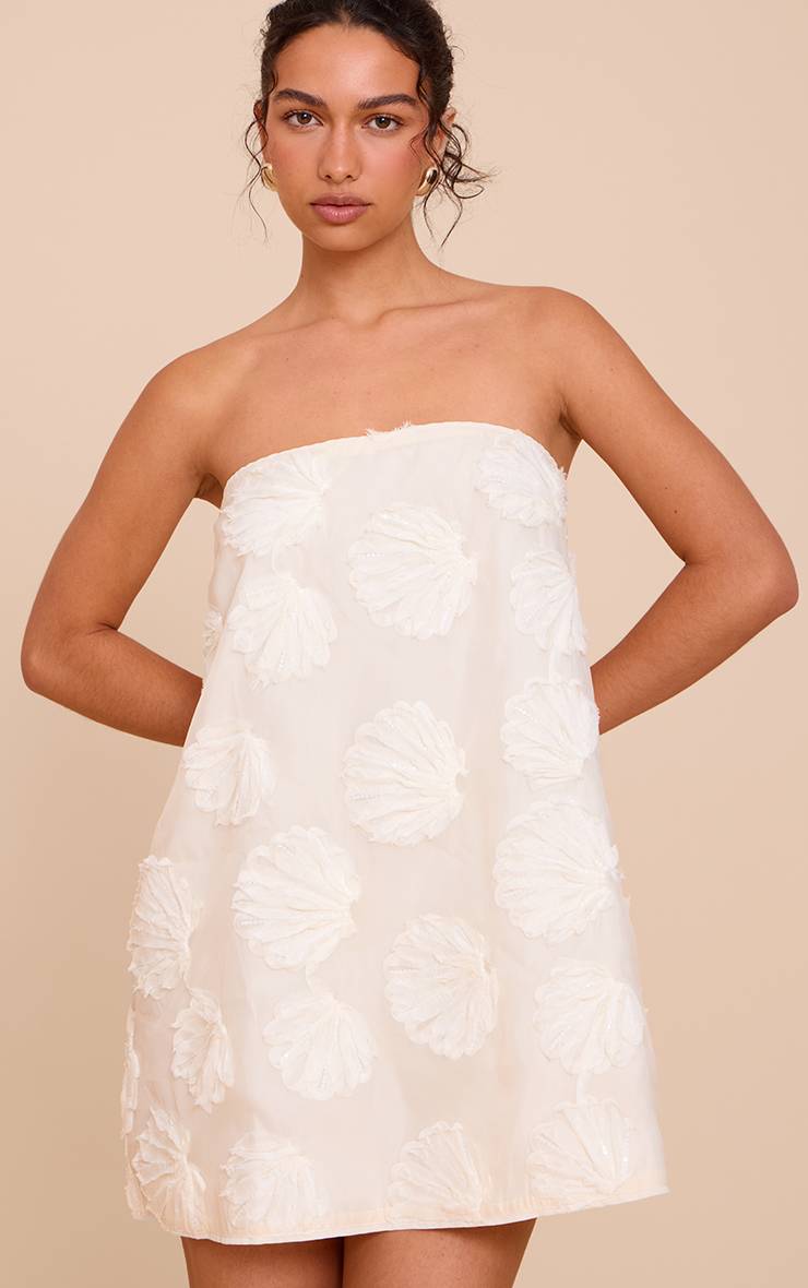 Crème Robe Courte Droite Bandeau À Texture Coquillages