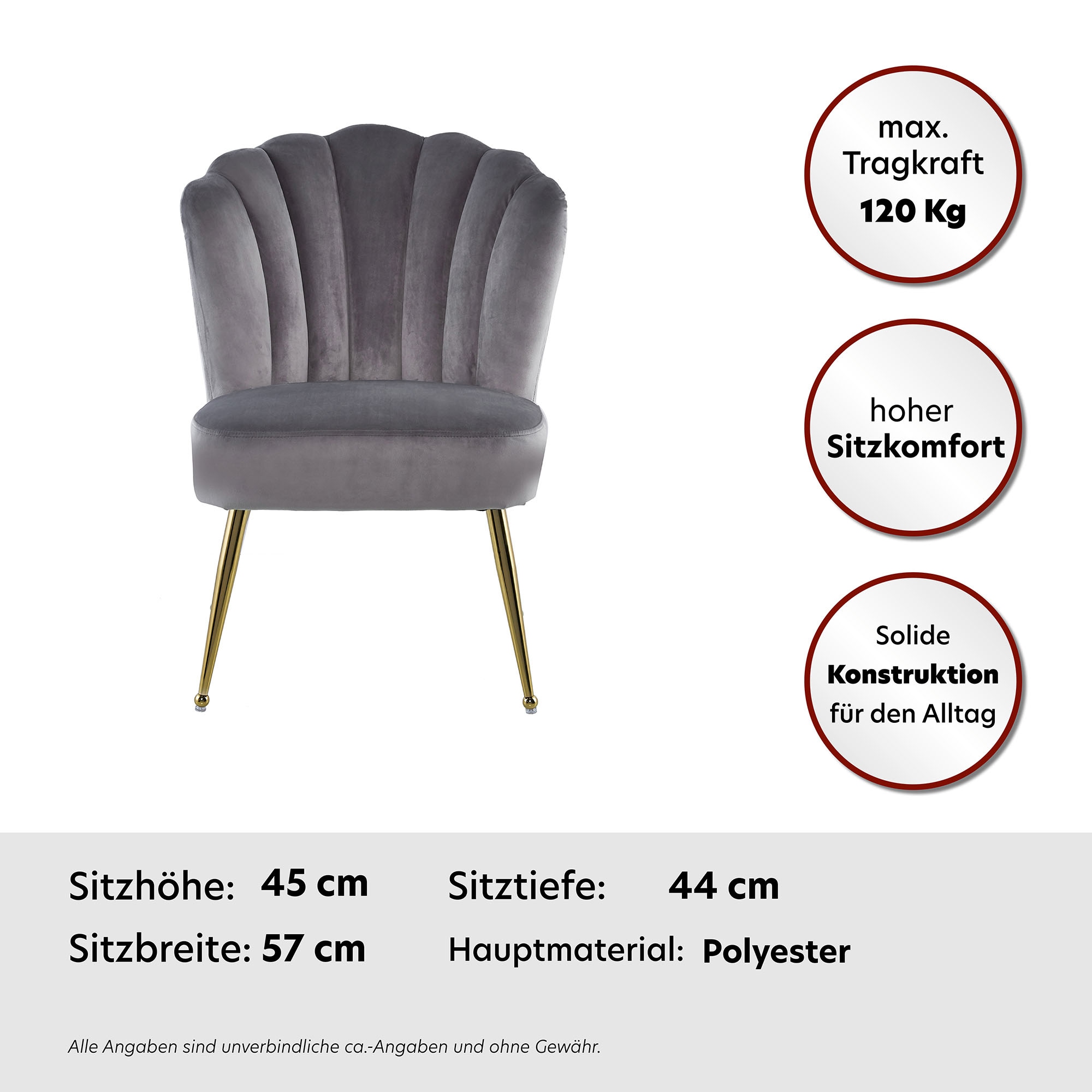 Kayoom Polsterstuhl »Stuhl Lalie 125, Rückenlehne im Retro-Stil, ausgefallene Rückenlehne« () 1 Stk.Rückenlehne in Muschel-Design, Samtbezug, goldene Metallbeine