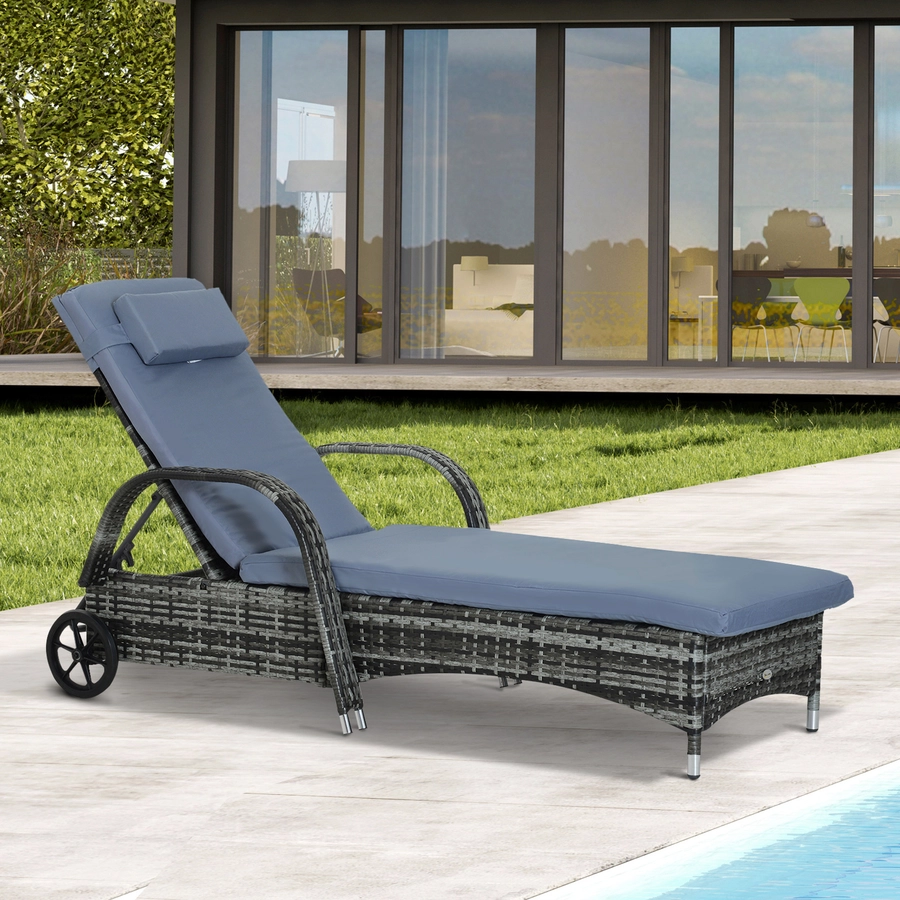 Outsunny Mobile Rattanliege für den Garten grau, blau