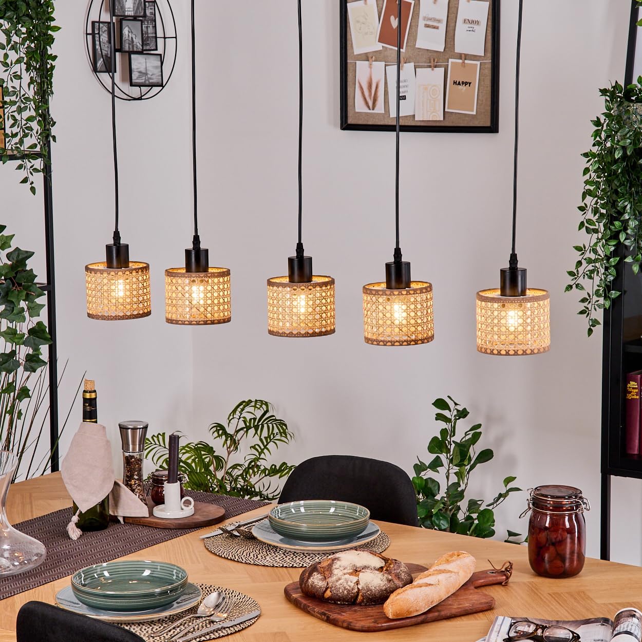 HOFSTEIN Hängeleuchte Barcos, 5-flammige Hängelampe aus Metall/Holz/Rattan/Wienergeflecht/Stoff Schwarz/Natur/Braun, Pendelleuchte im Boho-Design (Ø Schirme 12 cm), E27, Esszimmer, Küche, Wohnzimmer