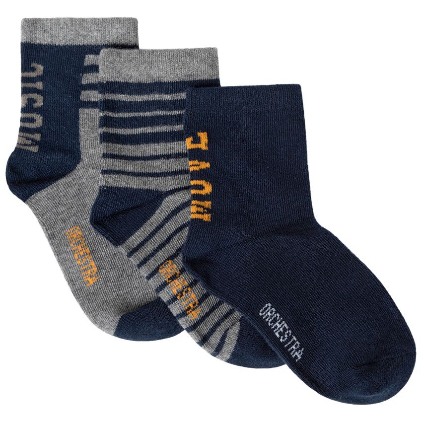 Lot de 3 paires de chaussettes assorties unie / rayées - Bleu marine