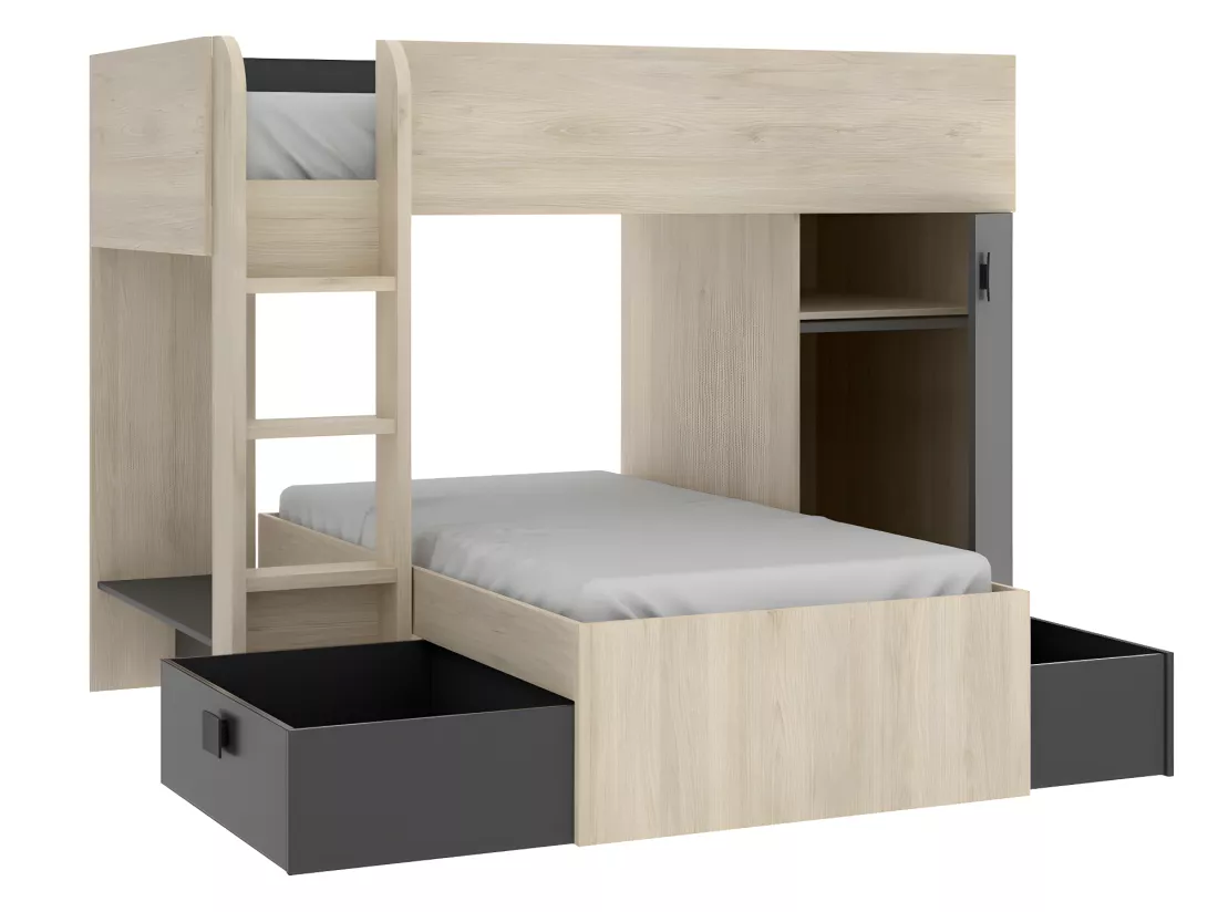 Lits superposés d'angle réversibles RICARDO - 2 x 90 x 190 cm - Rangements intégrés - Chêne et anthracite