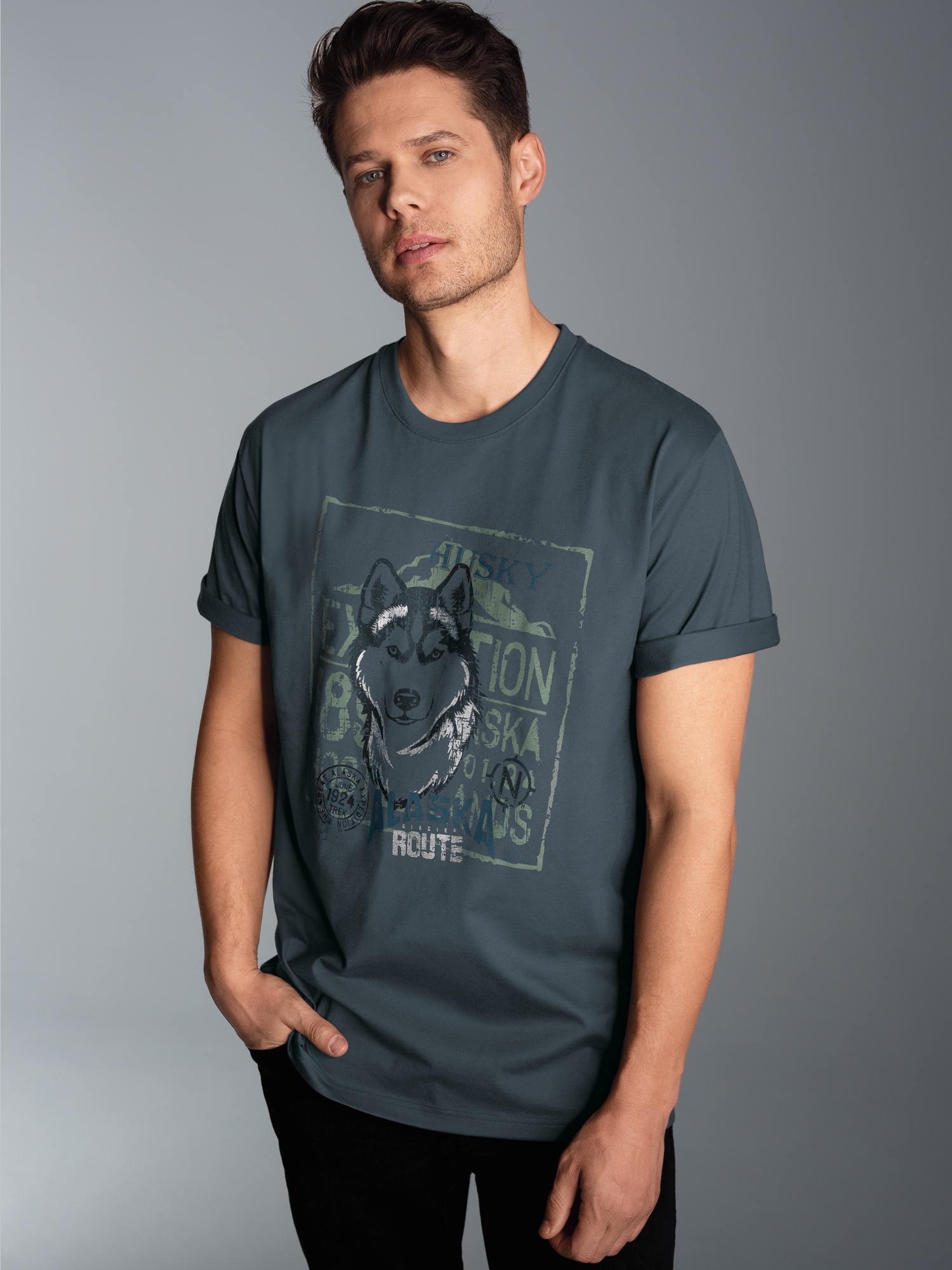 T-Shirt mit großem Husky-Printmotiv Anthrazit