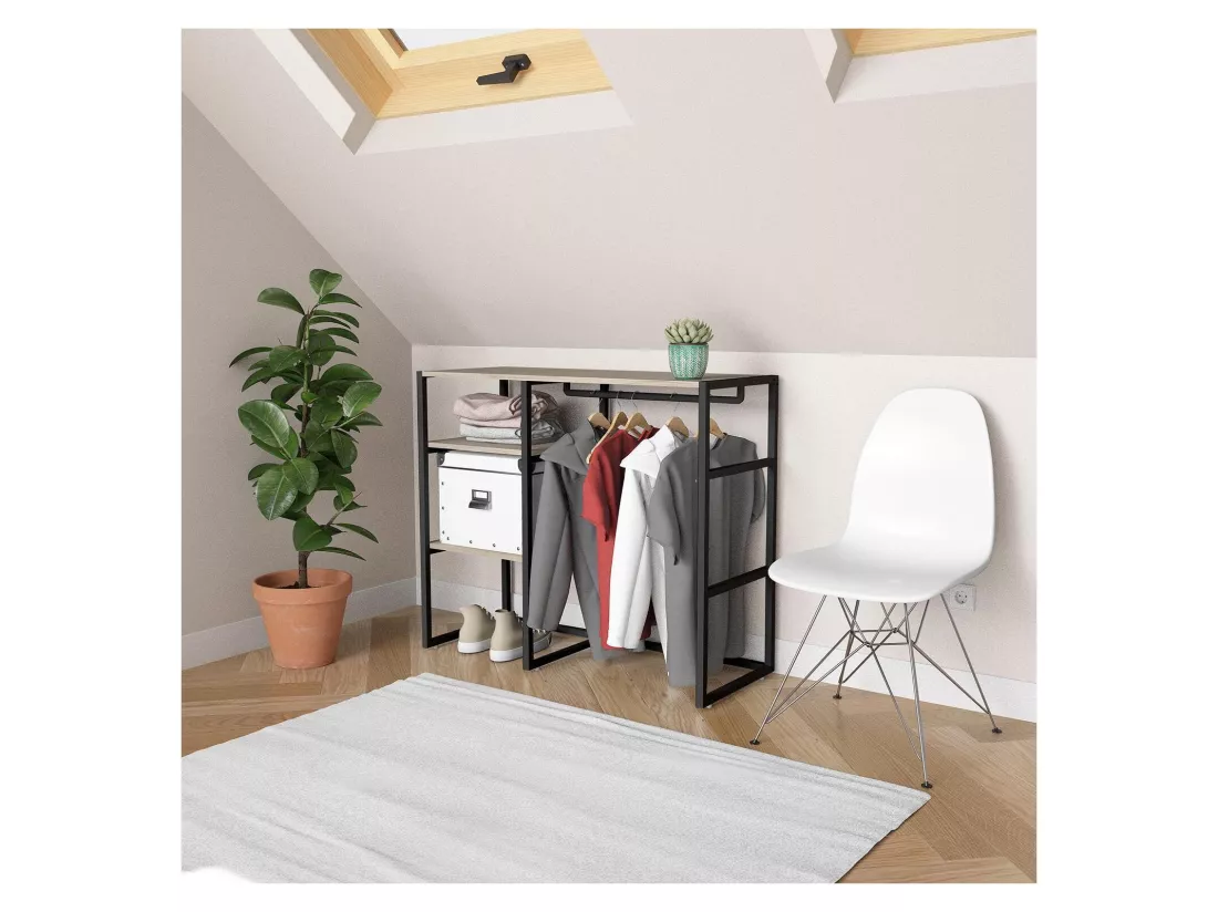 Portant vêtements sous combles penderie et étagères noir L100 x H85 cm