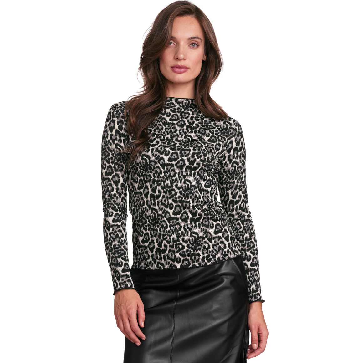 Gina Collection Damen Langarmshirt mit Leo-Muster schwarz / beige