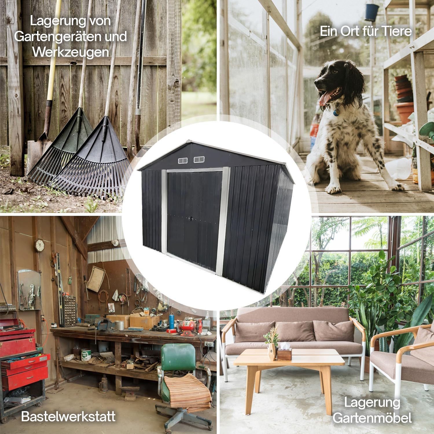 4iQ Metall Gerätehaus 9 m² – Stahl Gartenhaus 303 x 300 x 214 cm, verzinkt, Schuppen für Werkzeug, Fahrräder & Gartengeräte, Anthrazit