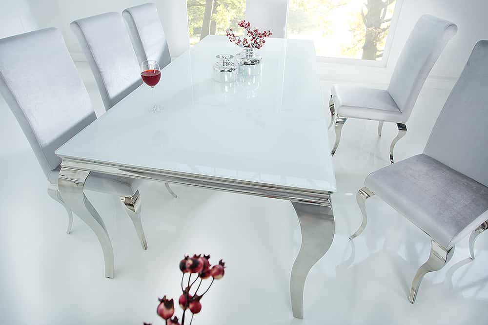 Eleganter Design Esstisch MODERN BAROCK 200cm weiß Edelstahl Opalglas Tischplatte