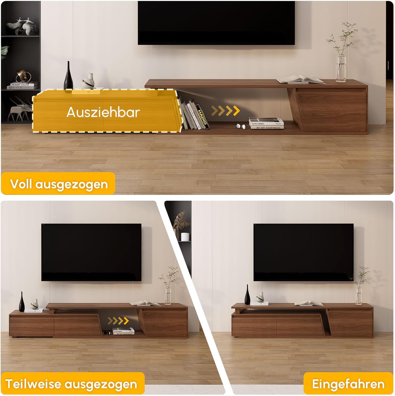 Homary Ausziehbares TV Schrank 180 cm - 280 cm Lang, TV Lowboard Walnuss TV Möbel mit 3 Schubladen, TV-Board für Fernseher bis zu 120 Zoll, Walnuss Moderner Fernsehtisch mit Stauraum für Wohnzimmer