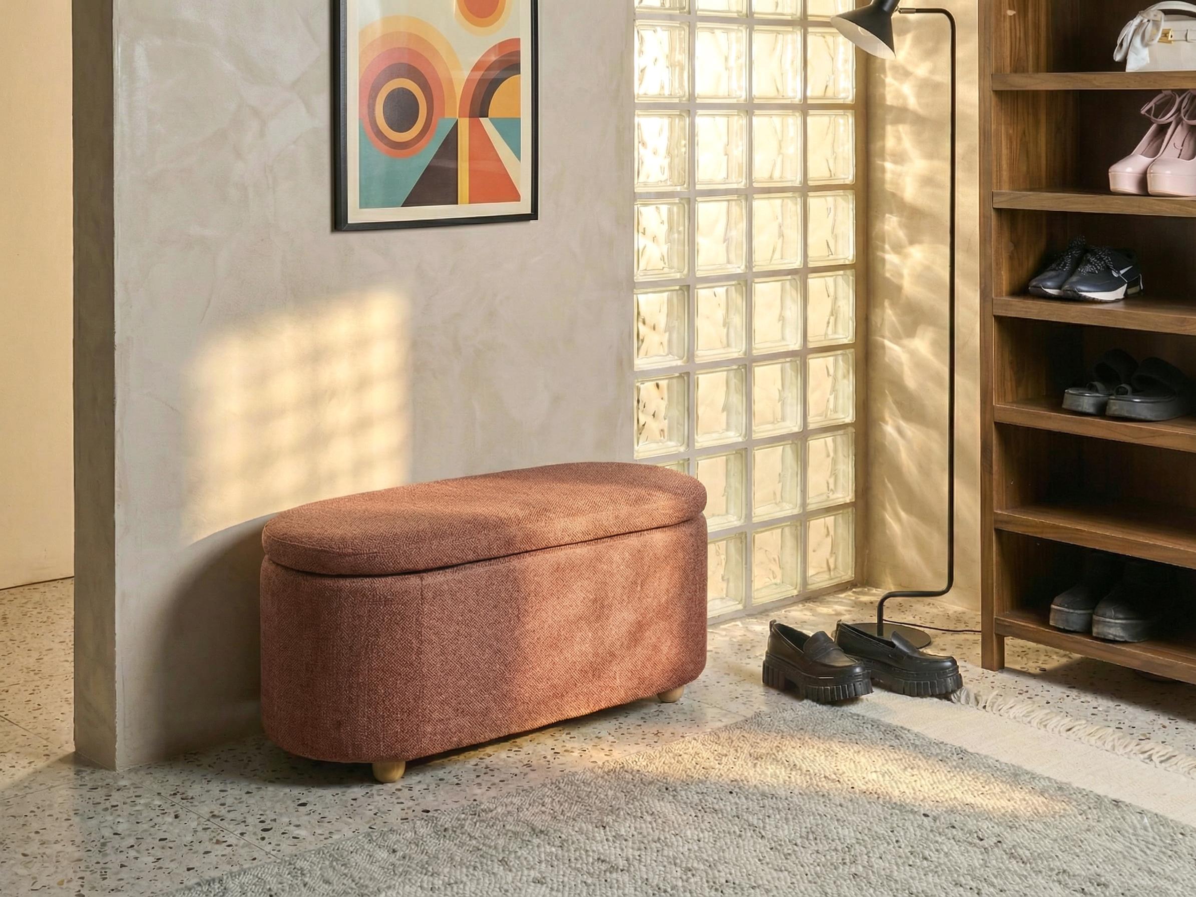 Bankje met opbergruimte HAYWARD Stof 98 cm 44 cm Goudbruin