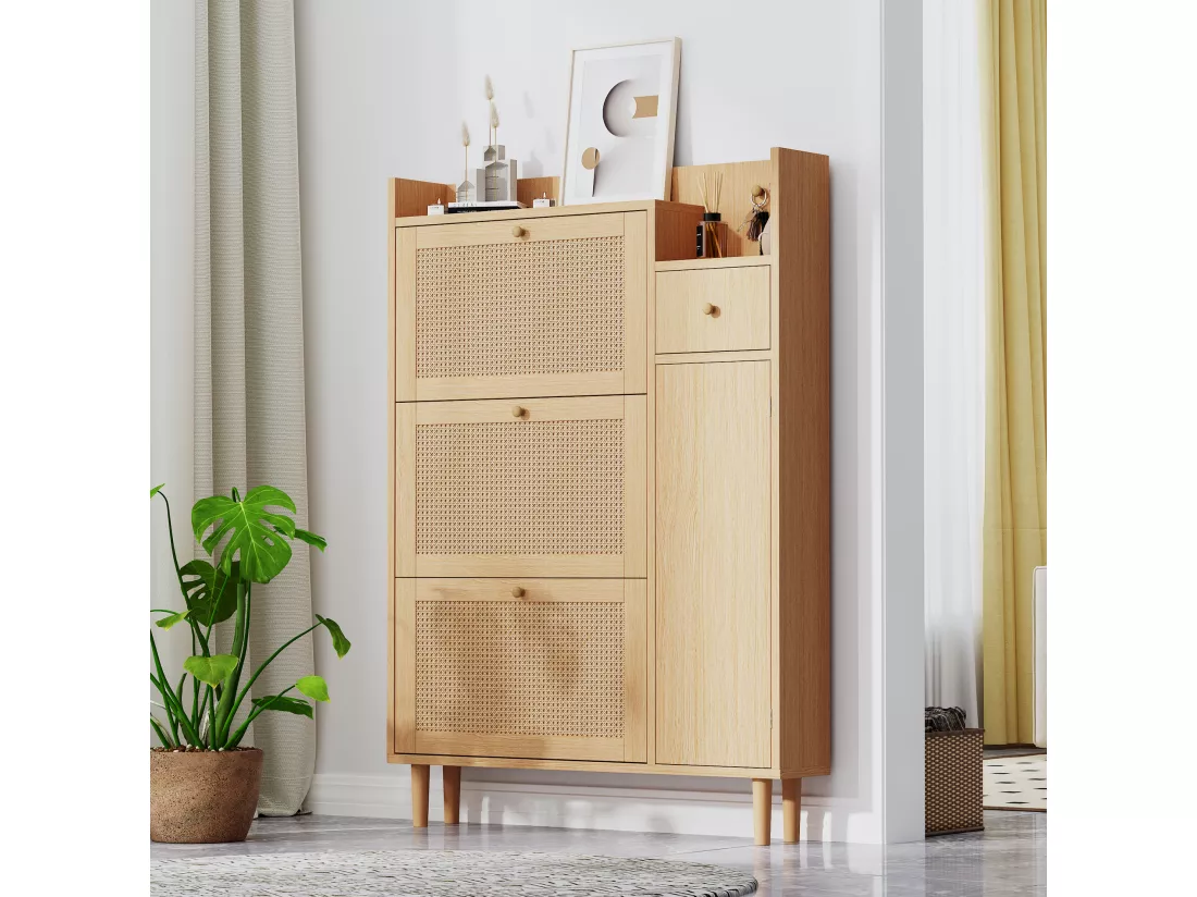 Armoire à chaussures en rotin, 3 portes battantes et 1 tiroir avec pieds et poignées en bois massif, dimensions: B90 / h125 / t17 cm