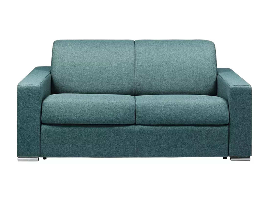 Canapé 2 places convertible express en tissu bleu - Couchage lattes larges 120 cm - Matelas 18 cm avec mémoire de forme CALITO
