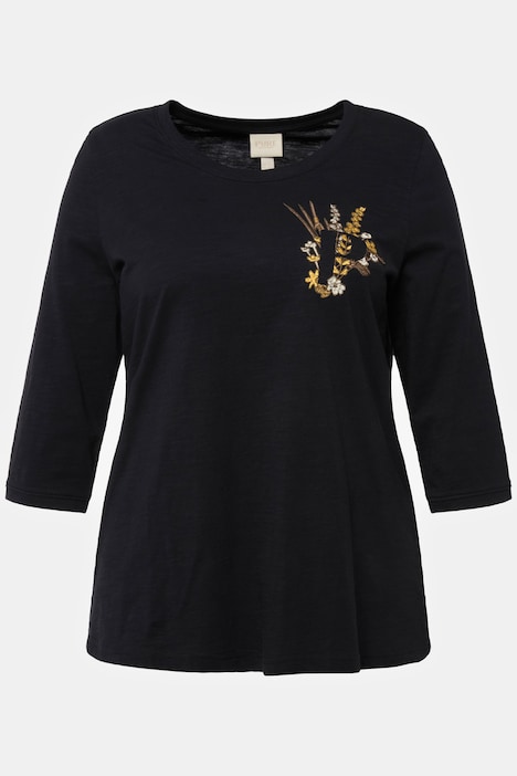 Shirt, Stickerei, Rundhals, 3/4-Arm, Biobaumwolle
