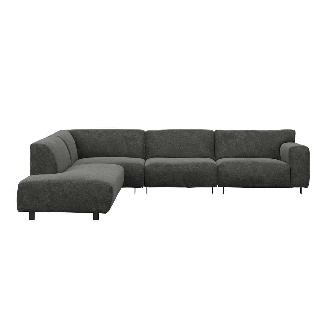 Vesta hjørnesofa 3-seter med åpen ende venstre, Big hjørnemodul, Tekstil Eros Antracit, standardsøm, sort metallben 10 cm, Comfort CM