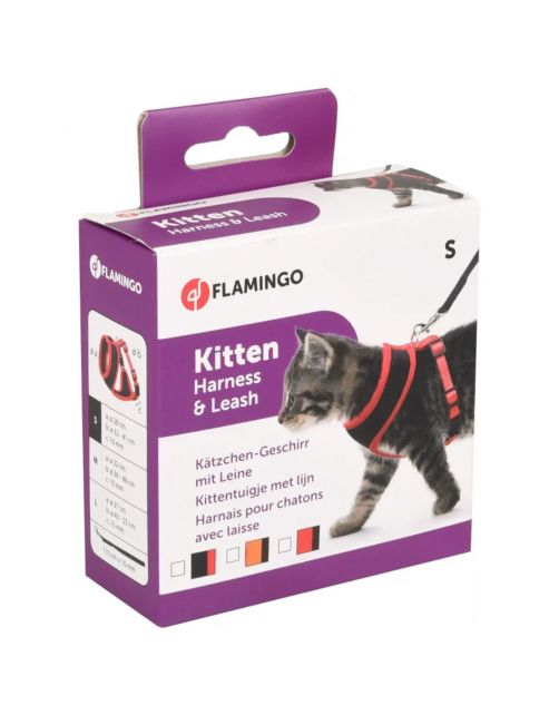 Flamingo Harms Kittentuig + Lijn - Kattenharnas - Rood Zwart 110cm 10mm