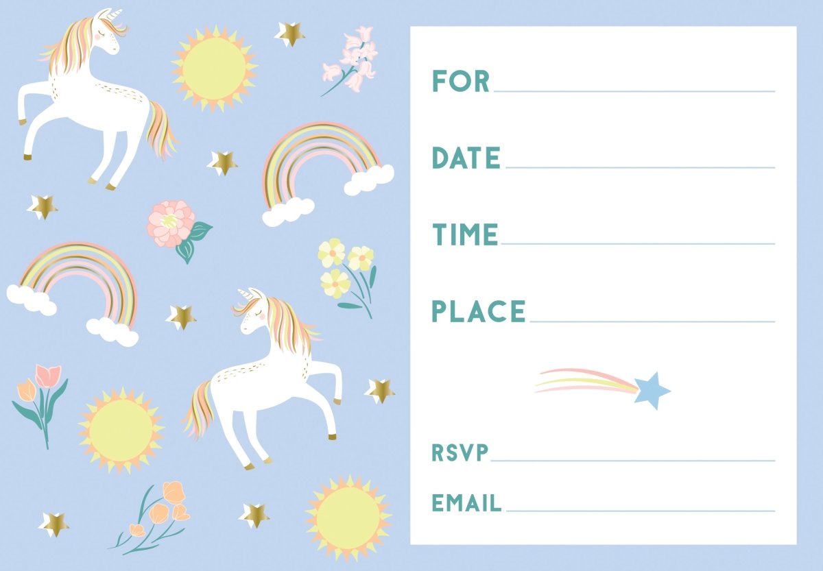Unicorn Uitnodigingen Blauw/Goud 8st