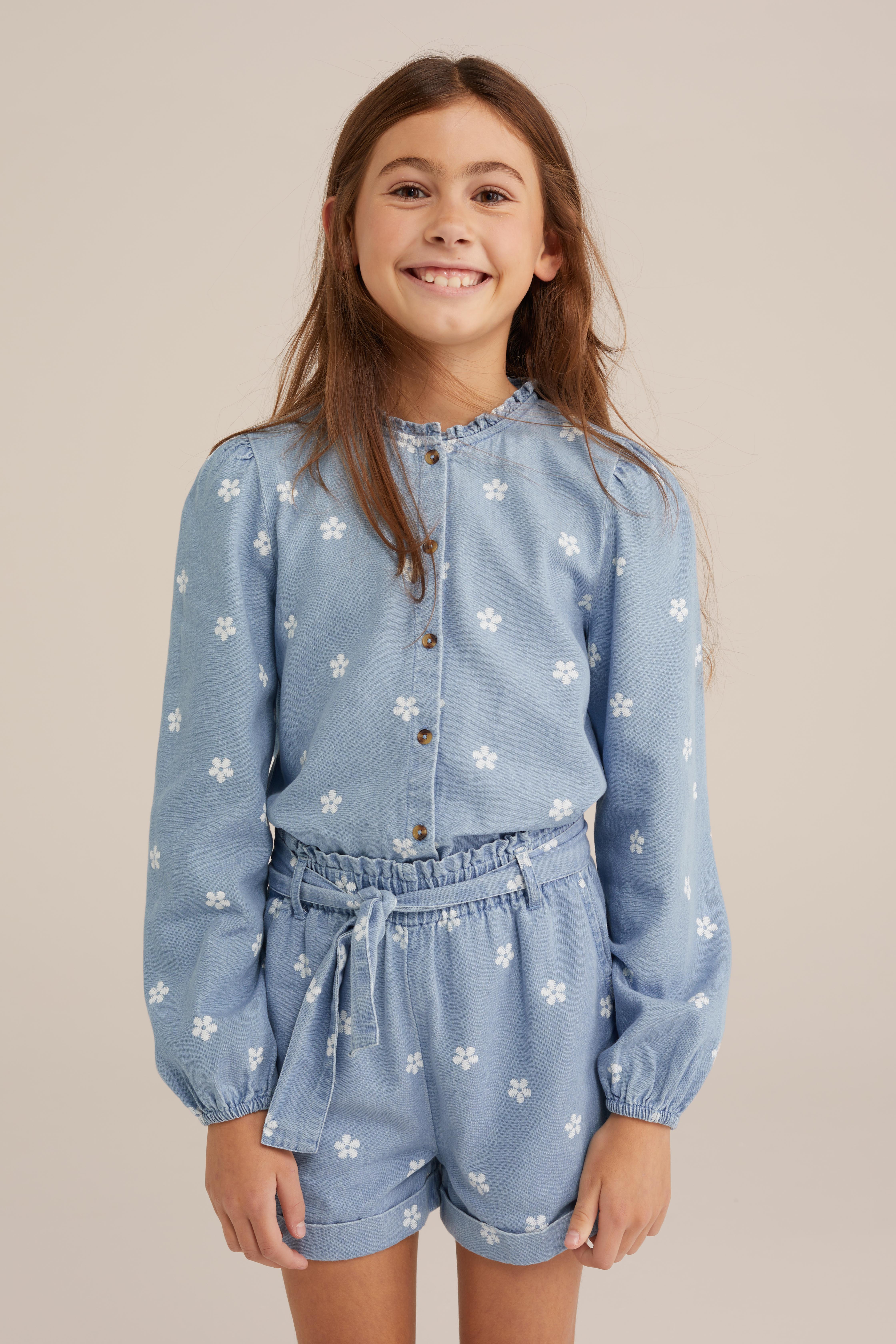 Meisjes denim blouse met dessin Blue Ridge Lichtblauw
