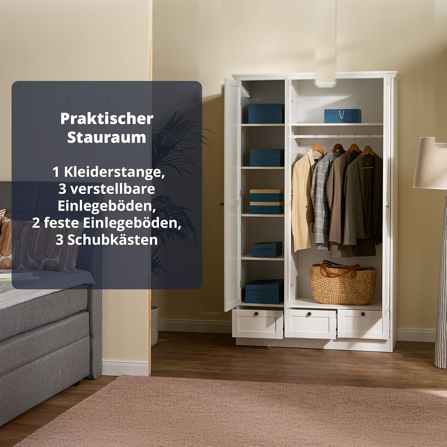 KHG Drehtürenschrank weiß 3 Türen 3 Schubkästen 1 Kleiderstange 5 höhenverstellbare Einlegeböden Sockelgestell Landhaus Stil