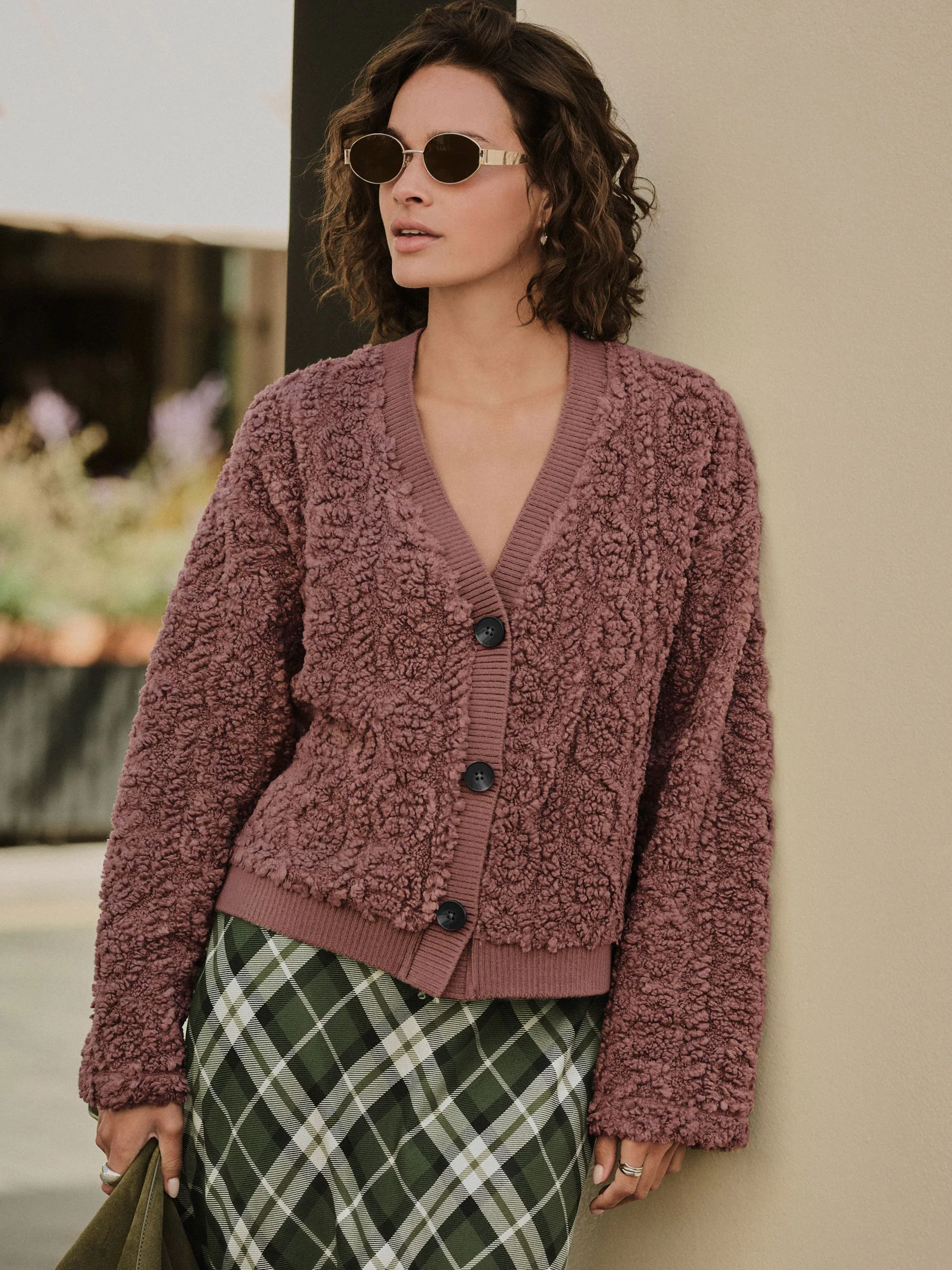 Roze - Fluffy Borg Cable Button Through Cardigan Fleece