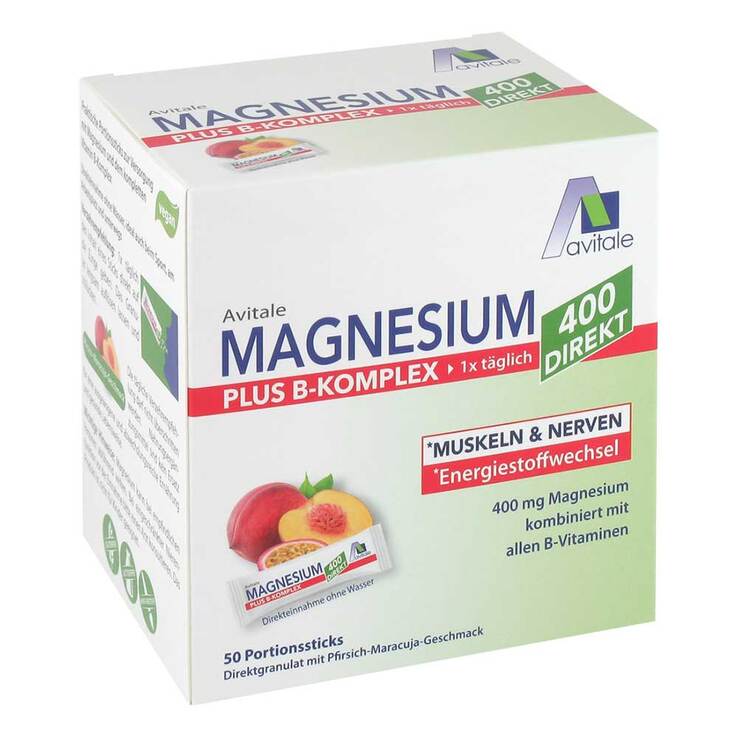 Magnesium 400 + B-Komplex direkt Pfirsich Maracuja Granulat Sticks, 50X2.5 g