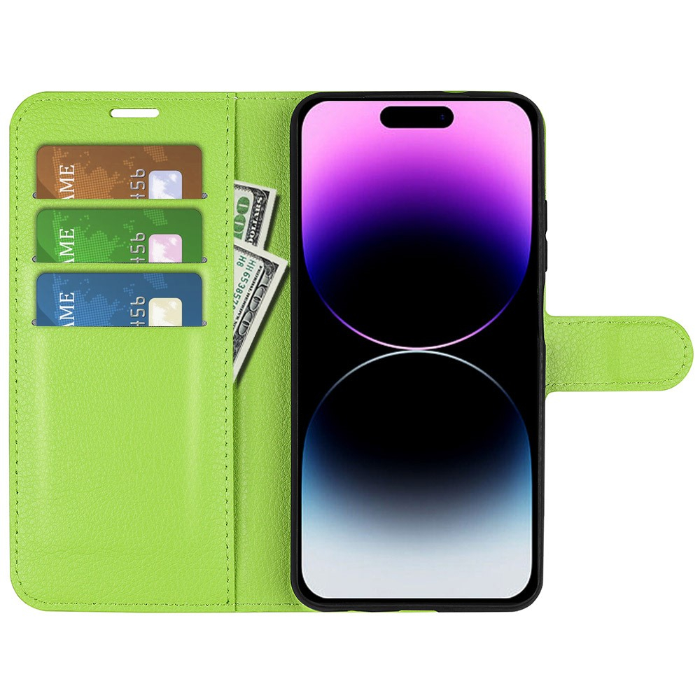 iPhone 15 Pro Max Leder Tasche Flip Cover Litchi Look - Grün