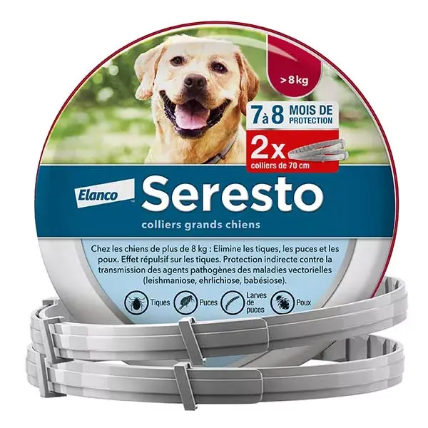 Coleira Seresto para cães grandes com proteção contra pulgas e carrapatos (+8kg), 2 unidades.