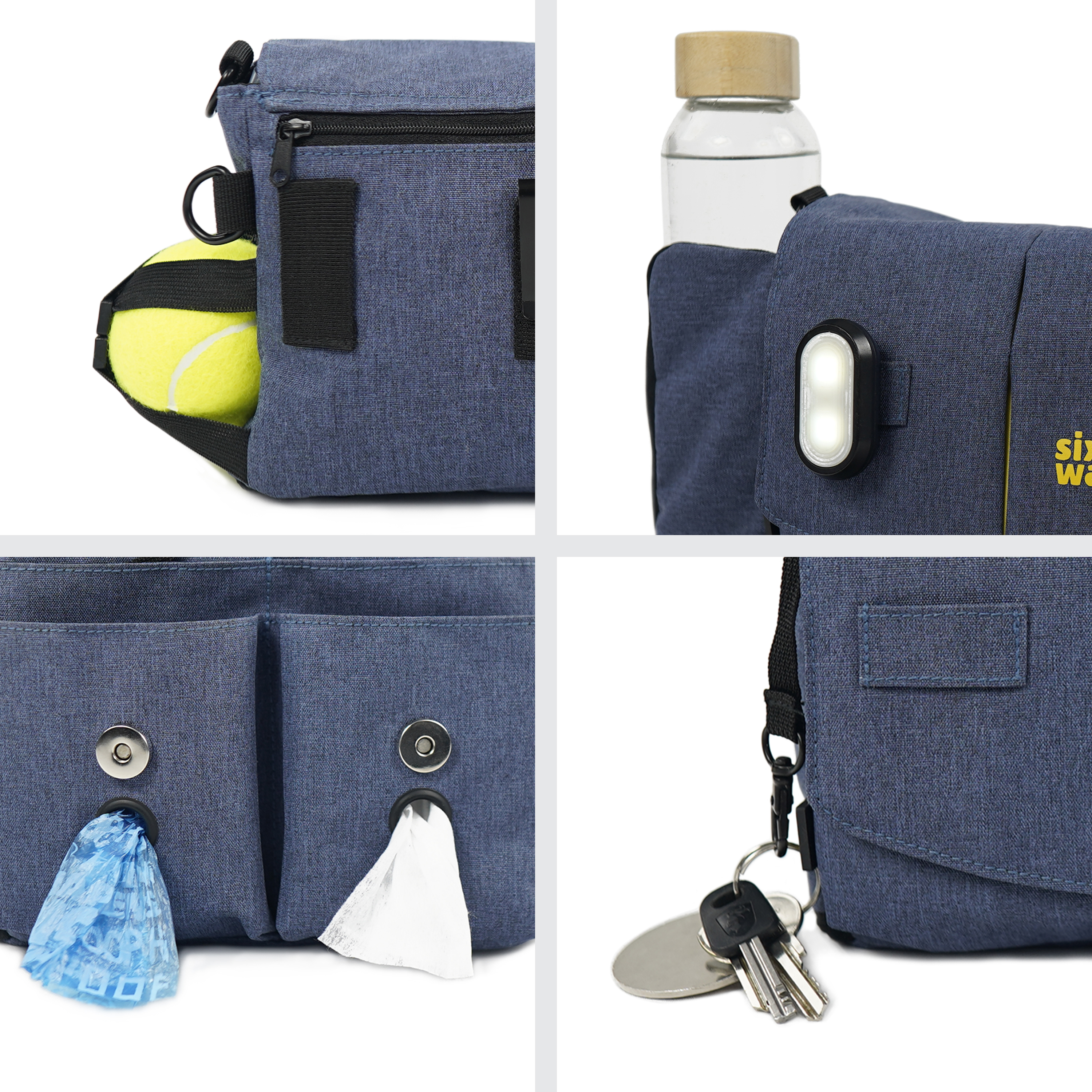 Bolsa multifuncional para passear com cães SixWalker com 9 bolsos para acessórios caninos + 2 bolsas para petiscos.