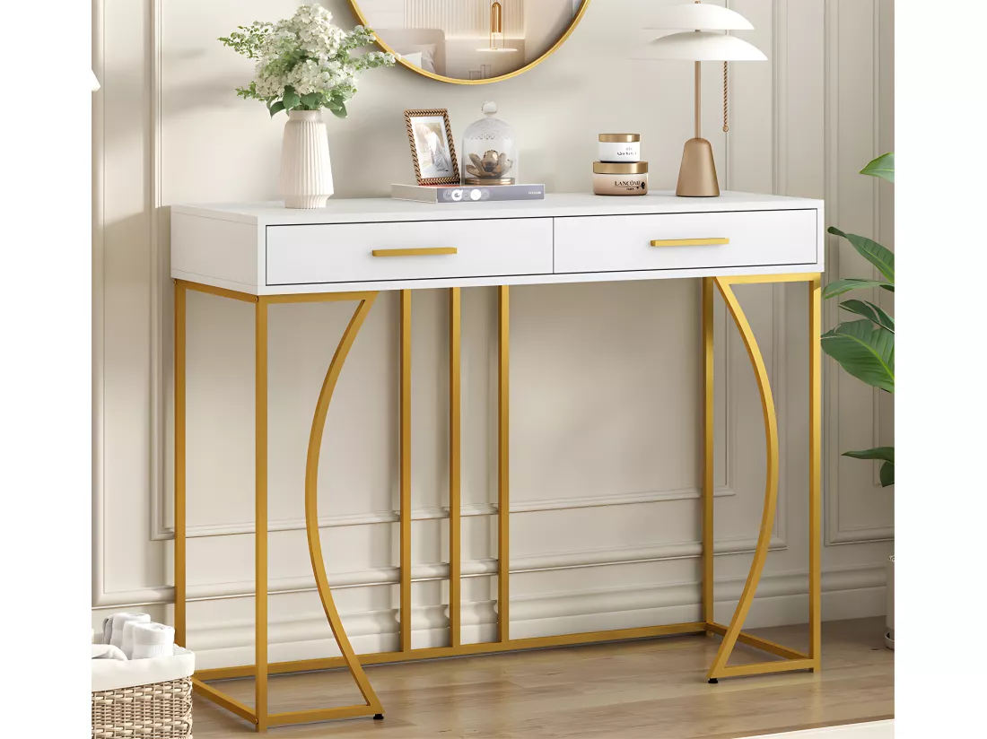 Console avec 2 tiroirs - style moderne - Blanc & Doré